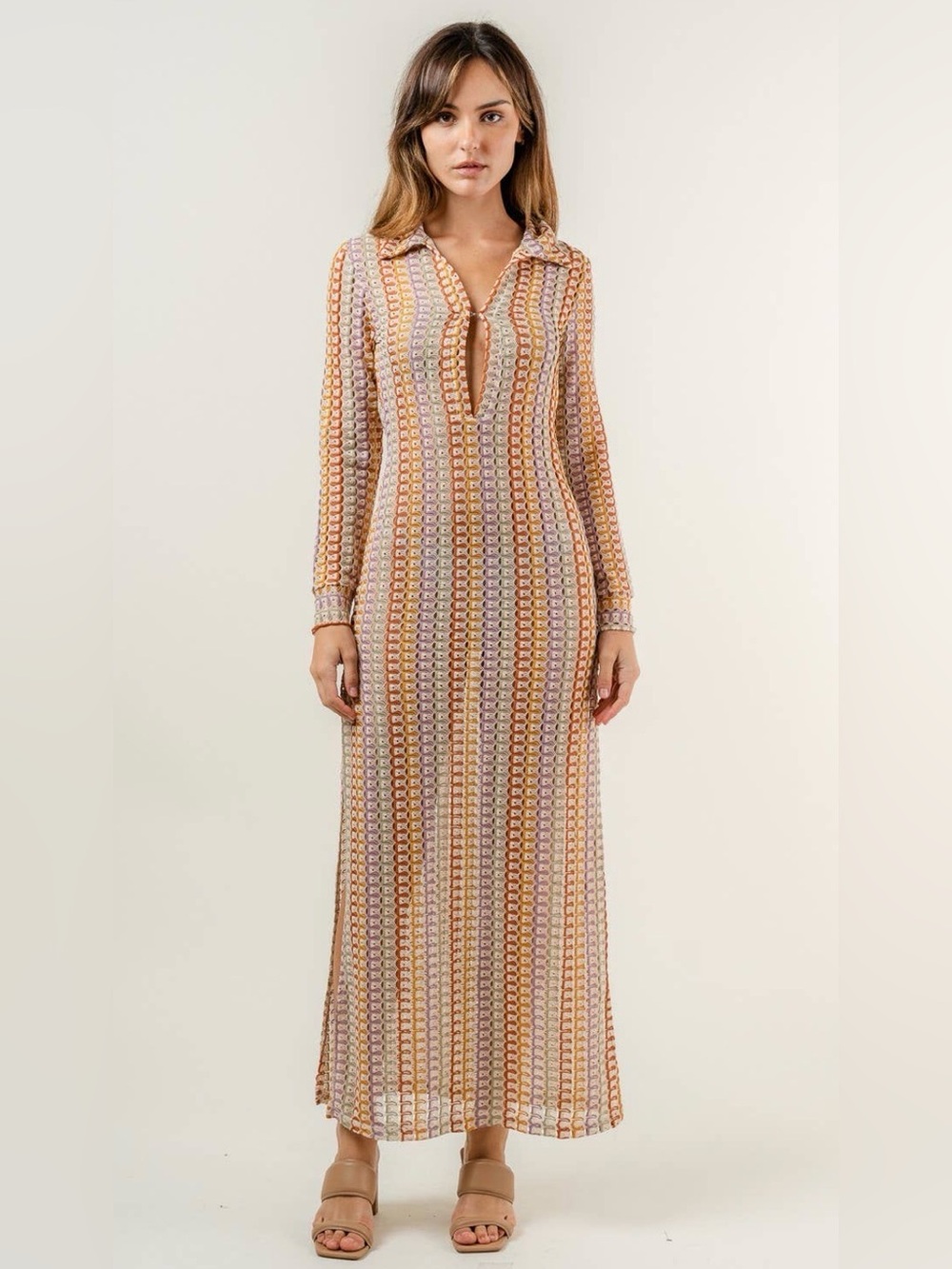 Boogie Nights Retro Long Sleeve Crochet Dress/ Coverup